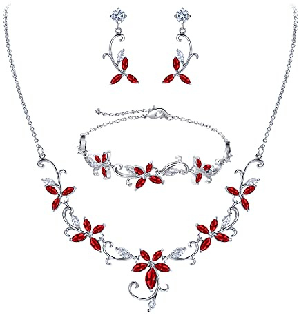 Clearine Sposa Collana Orecchini Bracciale per Donne Marquise CZ July Birthstone Rosso Colore Set di Gioielli per Matrimonio Prom Party Argento-Fondo
