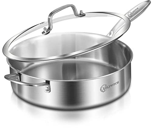 LOLYKITCH 5.5 L Tri-Ply Stainless Steel Sauté Pan with Lid,30 CM Deep Frying Pan,Jumbo Cooker,Oven Safe and Ergonomic Detachable Handle