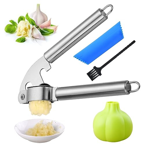 Knoblauchpresse, Edelstahl-Knoblauchpresse, Heim-Knoblauchpresse, Edelstahl-Knoblauchpresse mit Knoblauchschäler und Reinigungsbürste