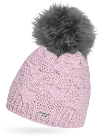 Neverless® Damen Strick-Mütze Winter Grobstrick Gefüttert Fleece Fell-Bommel Kunstfell Bommelmütze rosa Unisize