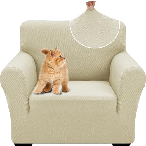 YSTELLAA Sofa Überzug 1 Sitzer, Stretch Sesselschoner, Sofaschoner rutschfest Mit Armlehne, Universal Sofabezug, Dicke Sofabezug Für Hunde Katzen Und Haustiere, Waschbare Sofa Cover, Helles Beige
