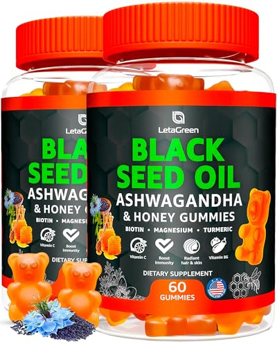 LetaGreen Black Seed Oil Gummies 500mg with Ashwagandha & Apple Cider Vinegar - Immune & Wellness Support Supplement with Vitamin C, Biotin, Turmeric - 120 Organic Gummy Bears for Hair & Skin