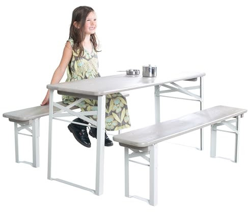 roba Outdoor Party-Garnitur für Kinder - Kindersitzgruppe aus FSC zertifiziertem Holz - 2 Bänke + 1 Kindertisch - Klappbare Sitzgarnitur ab 24 Monaten - Grau lasiert