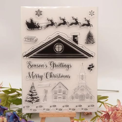 FOSANGPUSHI Vintage-Stempel zum Basteln, 15 x 21 cm, Frohe Weihnachten, Segen, Wörter, Haus, transparente Stempel für Kartenherstellung, Album, Bastelzubehör