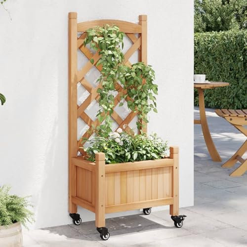 Gecheer Jardinera con celosía y ruedas marrones, jardinera con celosía para plantas trepadoras, jardinera rejilla de exterior, jardinera con espaldera separada, jardinera de madera