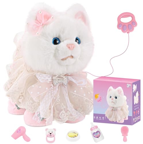 JDMDKB Interaktives Spielzeug Kinder, Walking Plüsch Spielzeug Katze mit Fernbedienung Leine, Realistische Elektronisches Katzen-Haustier mit Zubehör, für 3-7 Jahre Jungen & Mädchen
