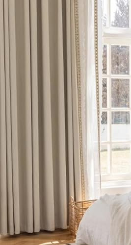 Vorhänge Wohnzimmer Verdunkelung Baumwolle Leinen mit Ösen, Beige Gardiene Vorhang Jacquard mit Spitzenblumenrand 2 Stück Fenster Verdunkelungsvorhang Einfarbig für Schlafzimmer, 160x102 cm (B x H)