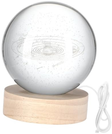 Artibetter Leuchtende Kristallkugel Mit Miniaturmodell Des Sonnensystems Tischlampe Mit Holzsockel Dekoratives Nachtlicht Für Zimmer Und