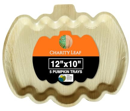 Charity Leaf Bandejas desechables de calabaza de hoja de palma de 12 x 10 pulgadas (5 piezas), platos de bambú para servir, tablas desechables, vajilla ecológica para Halloween, bodas, catering,