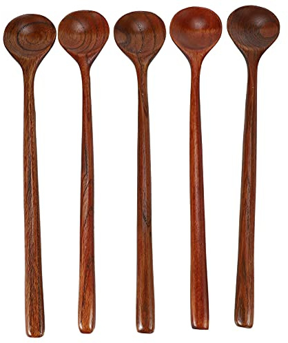 Persistence Lot de 5 longues cuillères rondes en bois de style coréen de 27,7 cm 100 % naturel pour soupe, cuisine, mélange, ustensiles de cuisine (cuillère à soupe de style coréen)
