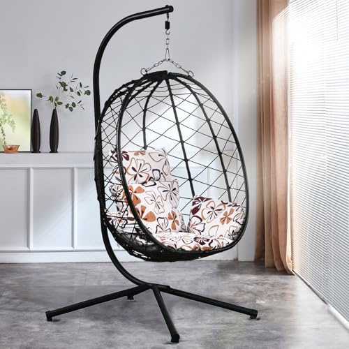 RAMROXX Luxus Hängesessel New XXL Gestell mit Korb Schwarz und Kissen Blumenmuster