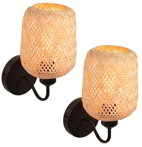 LIGKIN Set di 2 Applique da Parete Vintage con Paralume in Bambù Intrecciato a Mano E27 Lampada da Parete Stile Boemo Deco Lampada Interna per Camera da letto, Soggiorno, Corridoio