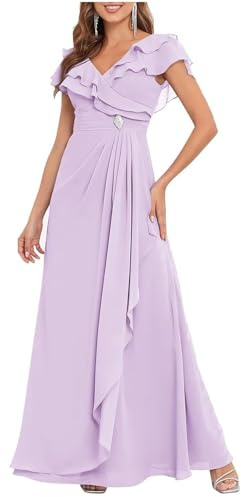 HPPEE Vestido largo para madre de la novia para mujer, con volantes, mangas de capa, vestido formal de invitada de boda, Lila, 42