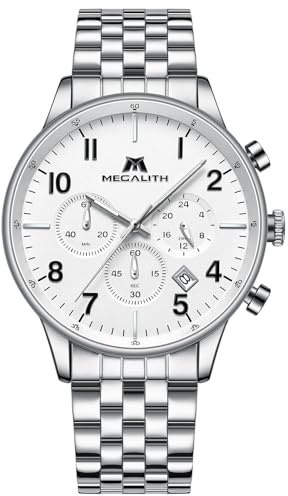 Megalith Armbanduhr Chronographen Uhren Herren: Silber Edelstahl Quarzuhr Analog - Wasserdicht Männer Uhren