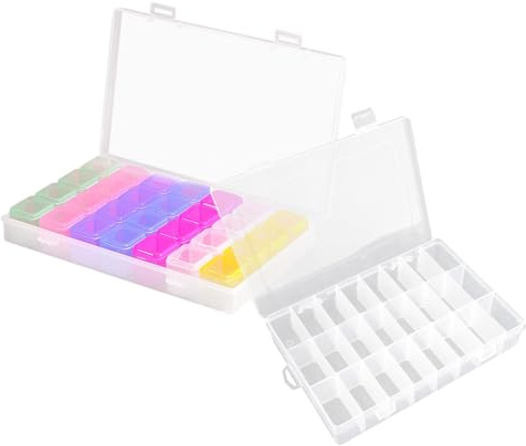 KHDULQ Diamond Painting Storage Box, Pack of 2 Sorting Boxes for Small Parts, Includes 24 and 28 Grids Plastic Tins Diamond Embroidery Box Beads, for Beads, Crafts, Jewellery