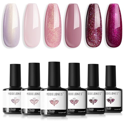 Modelones UV Nagellack 6 Farben Rosa Lila Glitzer Gel Nagellack UV Nageldesign Sets Soak Off Gel Nail Polish für Maniküre Nageldesign DIY zu Hause Geschenke