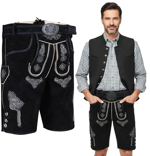 Spirit of Bavaria Lederhose Herren kurz I 100% Echtleder I Trachtenlederhose mit Gürtel I Ideal für Dein Oktoberfest Herren Outfit I Traditionelle Trachtenhose I Braun, Dunkelbraun, Schwarz Gr. 44-60