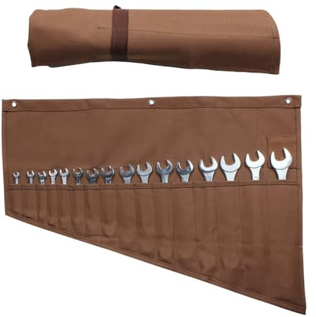 GiantGo Heavy Duty Waxed Canvas Roll with 16 Pockets, Multi-Purpose Tool Organizer for Plumbing, DIY, Spanners & Chisels, Durable Wrap Wallet for Men & Dad, Brown