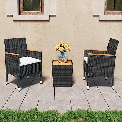 KTHLBRH 3-TLG. Bistro-Set Poly Rattan und Akazienholz Schwarz Balkonmöbel-Sets Gartenmöbel-Sets Outdoor-Möbel-Sets Terrassenmöbel-Sets für Terrasse, Garten, Balkon