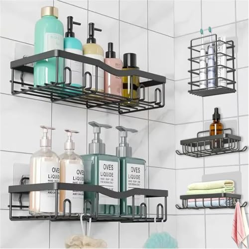 ULIKEUS Shower Caddy 5 Pack Bathroom Shelf Organiser Bathroom Storage Accessory without Drilling Hanging Adhesive Shower Tidy Rack Accessories for Shampoo Soap Wall Mounted Corner Decor,Black
