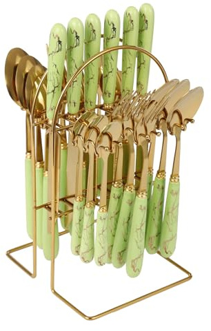 24 Pcs Cutlery Set, Stainless Steel Cutlery Set with Storage Stand, Utensil Set Service for 6 People, Ceramic Handle, Mirror Polishing, for Kitchen Restaurants Hotels (Gold+Green)
