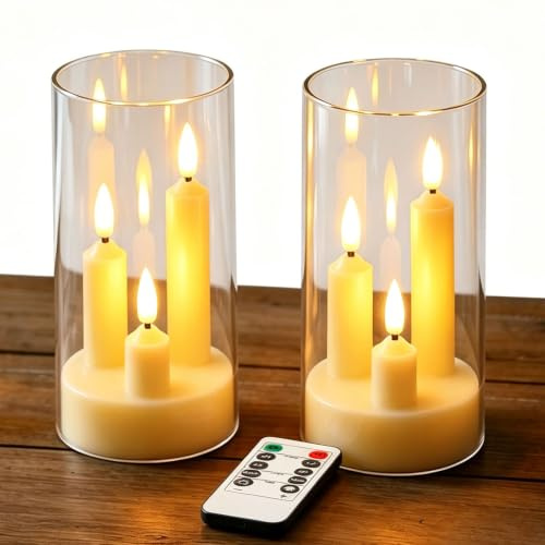 2 Velas LED de Vara con 3 Núcleos, Carcasa de Acrílico Transparente, Velas Sin Llama con Mando a Distancia, Efecto de Llama Realista, Funciona con Pilas para Decoración de Hogar, Navidad y Bodas