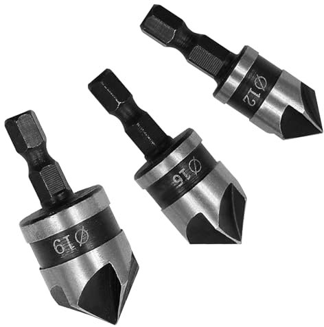 Countersink Drill Bit Set, 3 Pcs 12/16/19mm 1/4 Inch Hex Shank 5 Flute 90 Degree Chamfering, High Carbon Steel Countersink Bits, Adjustable Counterbore Drill Bits for Wood Plastic