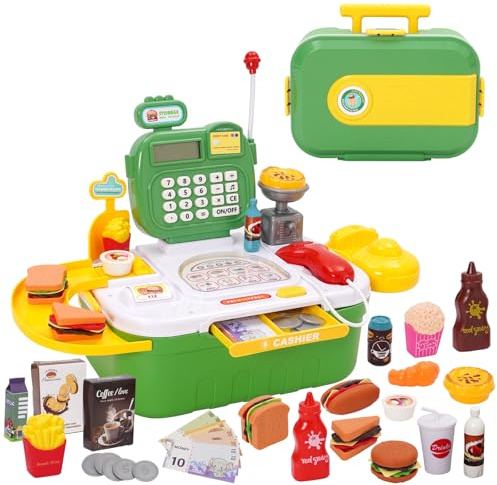 Toy Cash Register, 44 Pcs Pretend Play Playset with Scanner, Calculator, Weighing Machine & Microphone. Includes Fake Dessert, Drink & Tableware, Pretend Play Money (Pink) (Green)