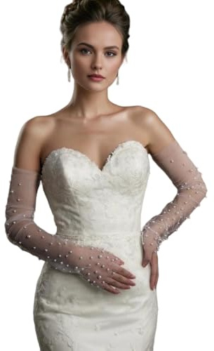 Eiaork Women's Sexy Sheer Gloves，Long Tulle Pearl Glove Elbow Length Party Gloves Costumes Bridal (White-27, Long)