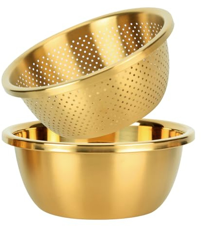 Snailhouse Colander with Mixing Bowl, 2QT 304 Stainless Steel Kitchen Rice Pasta Strainer for Washing Vegetables and Fruit, Gold