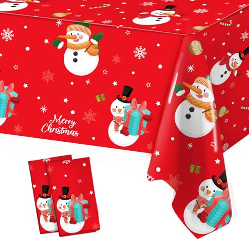 2 Stück Weihnachts Tischdecke, 130cmx220cm Rote Weihnachten Tischdecken Weihnachts Dekorationen, Groß Rechteckige Schneemann Tischdecken, Weihnachtstischdekorationen für Weihnachten Party Winterurlaub