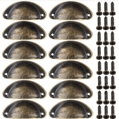 KARLOR 12 stück Vintage Möbelgriffe mit 24 Schrauben, Retro Schubladengriff Metall Bronze Möbel Griffe Muschelgriff Halbkreis Retro Möbelknöpfe für Kabinett Küchenschrank Schubladen