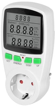 Stromzähler mit LCD-Display – Energiekosten-Messgerät 3680W, Verbrauchszähler mit Akku, Schuko Typ F, 16A, Innenbereich, Weiß