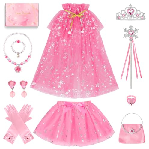 TOSZOLY Vestito Principessa Bambina, Mantello Principessa per Bambine con Colorata Gonna Tutù, Corona, Costumi da Principessa in Tulle, Set di Mantelli da Principessa per Halloween Festa (Rosa-A)