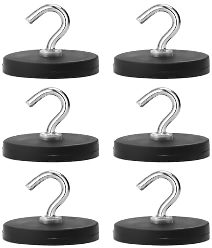 GBKDQQ Magnethaken Schwarz, 6 Stück Starke Magnete mit Haken Stanzfrei, Gummiert Magnethaken, Extra Stark 7.5kg Magnethalter für Eisentüren Kühlschränke Küchen Kleiderablage Badezimmer (31 MM)
