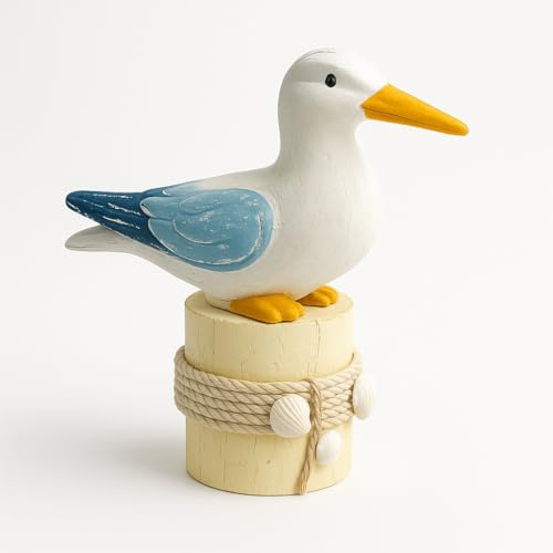 Heiko Blume Möwe auf Poller – Maritime Dekofigur aus Holz, handbemalt mit Seil & Muschel-Details, Strandhaus-Deko fürs Wohnzimmer, Bad & Regal