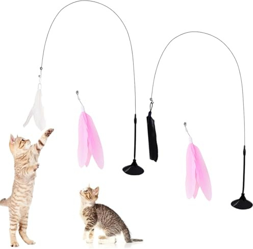 LACHT Juguetes Gatos Interactivos, Paquete De 2 Cañas De Pescar Con Ventosas, 4 Plumas, Juguetes Interactivos Naturales Para Gatos, Cañas De Pescar Para Que Los Gatitos Se Muevan Y Jueguen.