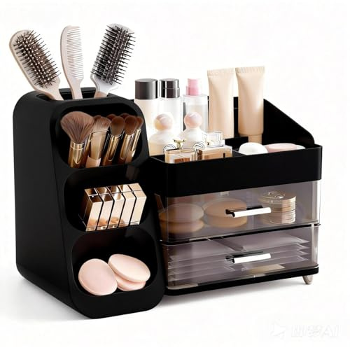 Yieseang Makeup Organizer Countertop, Vanity Organizer with Brush Holder, Cosmetic Display Case with Drawers, Skincare Organizer for Dresser, Bathroom, Makeup Storage Holder for Women (black)