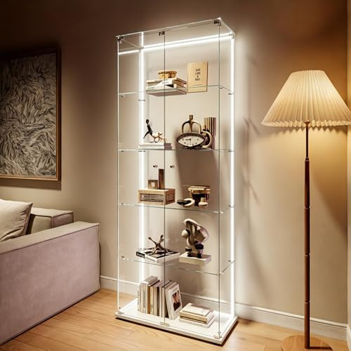 Glasvitrine med LED-belysning, glasvitrine, fristående, glasvitrineskåp, 4 dörrar, 4 nivåer, samlarvitrine med lås, vitrine, glas för böcker, kontor, vardagsrum (vit, 2 dörrar, 5 nivåer)