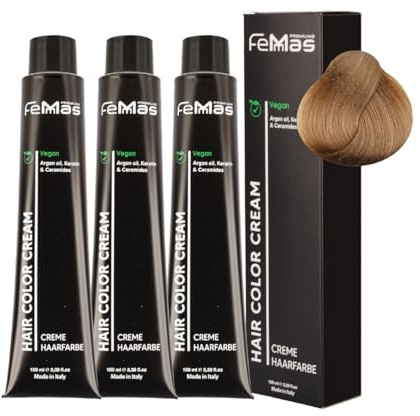 FemMas Haarfarbe 3x Mittelblond Ash Gold 7.13 I Creme Haarfarbe mit Arganöl, Keratin & Ceramiden I dauerthafte Haarfärbung oder Tönung für strahlende Farbergebnisse I 100 ml