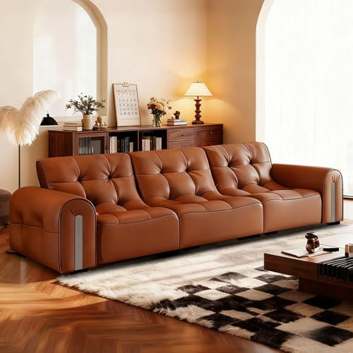 Italiensk lyxig enkel lädersoffa, massiv träram, rymlig och mjuk soffa, modern stor storlek, lämplig för vardagsrum/kontor/lägenhet.
