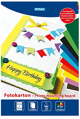 Stylex 46725 - Fotokarton - Block, 22 x 33 cm, 10 Blatt, 300 g/m², sortiert in 10 Farben, zum Basteln, Schneiden und Kleben