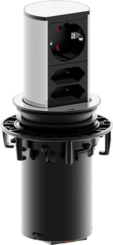 BACHMANN Versenkbare Steckdose Elevator 1x Steckdose und 2X Eurosteckdosen 2m Kabel Tischsteckdose für Küche und Büro Edelstahl-Optik 928.003 (Fährt per Fingerdruck aus)