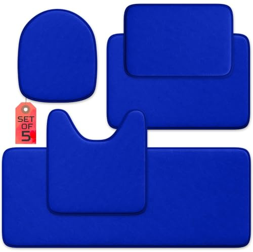Elvoki 5-Piece Memory Foam Bath Mat Set - Non Slip Cushioned Ultra Absorbent Bathroom Floor Rugs - Machine Washable Quick Dry Soft Shower Mat - Royal Blue