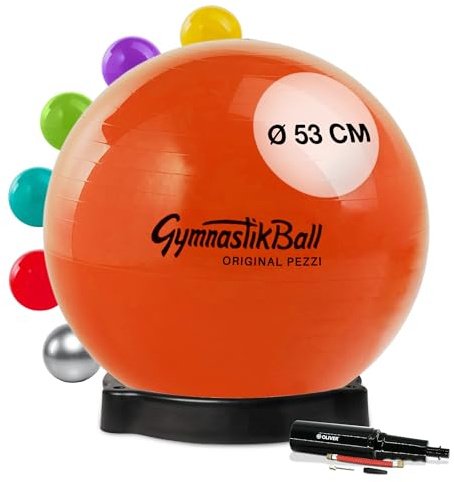 PEZZI Gymnastikball Standard mit Ballschale und Pumpe | Sitzball aus robustem PVC, belastbar bis 400 kg, für Therapie, Sport und Büro