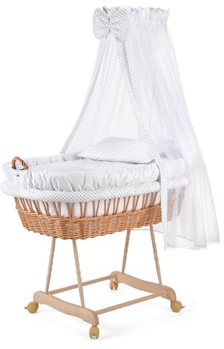 Waldin Stubenwagen-Set mit Ausstattung,XXL,Bollerwagen,komplett,9 Modelle wählbar,Stoffe weiß/Punkte grau