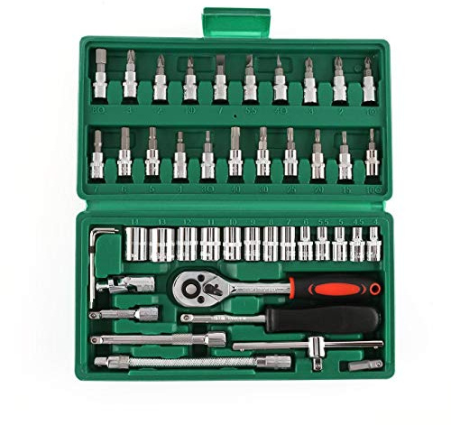 46 Piece 1/4” Socket Wrench Set Metric Tool Kit with Wrench Handle, Extension Bars, Flexible Extension Rods,Bits, Quick Release Reversible Ratchet, Drive Spanner Socket Set for Car Motorcycle Repair