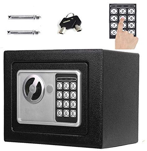 Elektronik Tresor Safe mit Zahlenschloss - Tresor mit Schlüssel und Codeschloss Sicherheitsbox wasserdichte Möbeltresore Wandtresor Schwarz 23 x 17 x 17cm