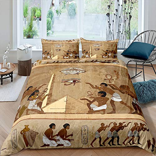 Altes Ägypten Grab Bettwäsche-Set Gelb Braun Bettwäsche Set 135x200cm Pharao Diener Betten Set für Kinder Jungen Mädchen Teenager 2St.Reißverschluss Mikrofaser