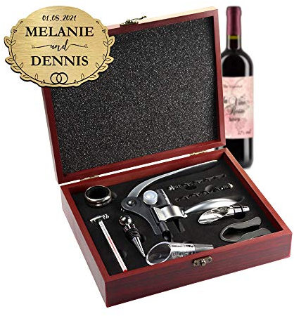 AMAVEL Sommelier Set mit 10 Wein-Accessoires, Geschenkbox aus Holz mit Plakette und Personalisierter Hochzeit-Gravur, Motiv Ringe, Geschenk für Weinliebhaber
